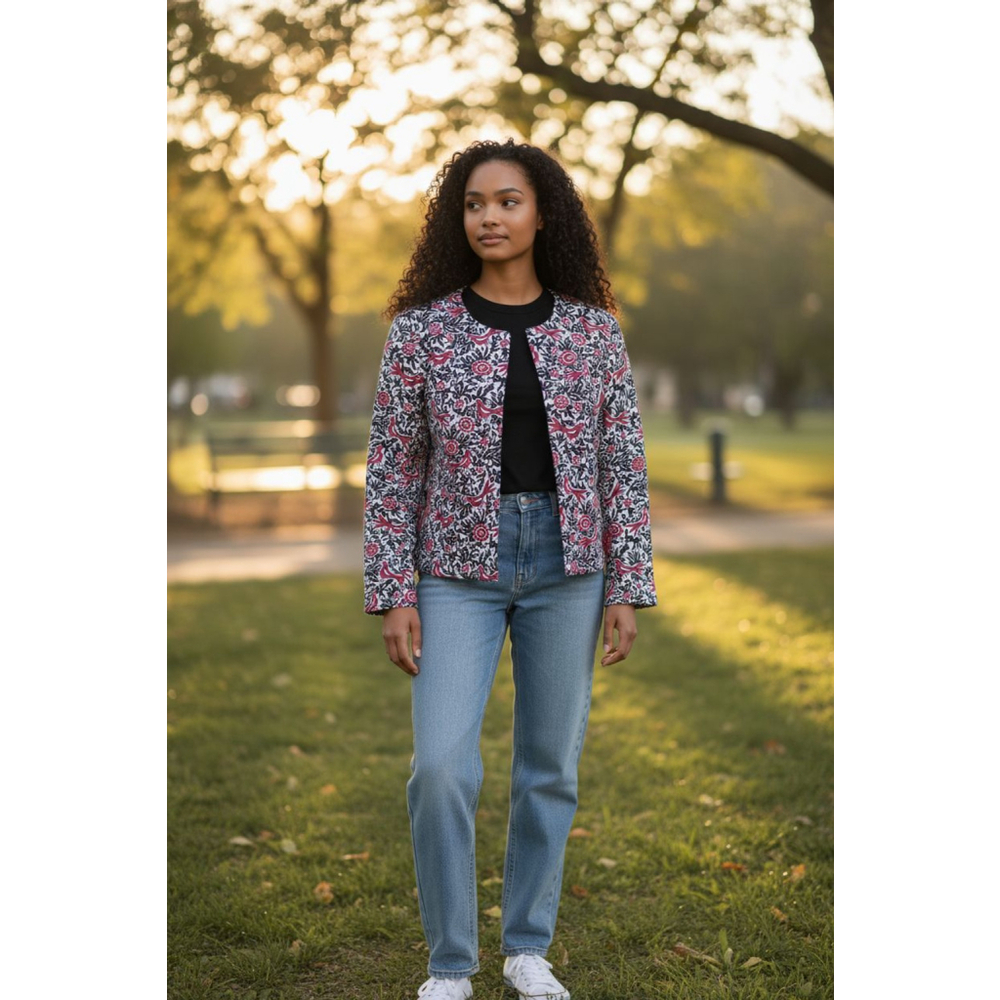 Ann Taylor Factory Red Black Bird Floral Jacquard Blazer Jacket Women’s Size M